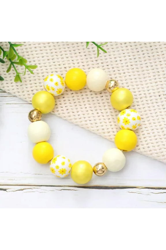 Bright Color Print Flower Wood Beads Stretchy Bracelet Summer Jewelry Girls Gift