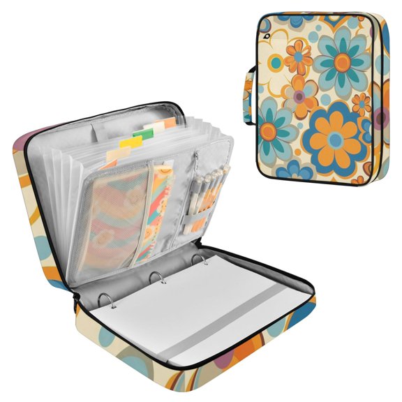 Bright Color Retro Groovy Flowers Accordion File Organizer Expanding File Folder 3-Ring Binder Bag 500 Sheets A4 Size