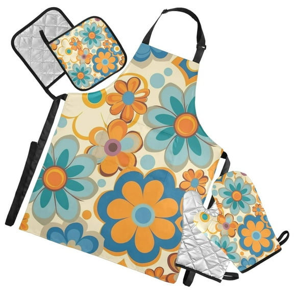 Bright Color Retro Groovy Flowers Apron Set with Oven Mitts Pot Holders Set of 5 Kitchen Stuff Accessories