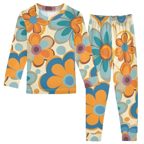 Bright Color Retro Groovy Flowers Cotton Pajama Set Long Sleeve Top and Pants Sleepwear Unisex 18M