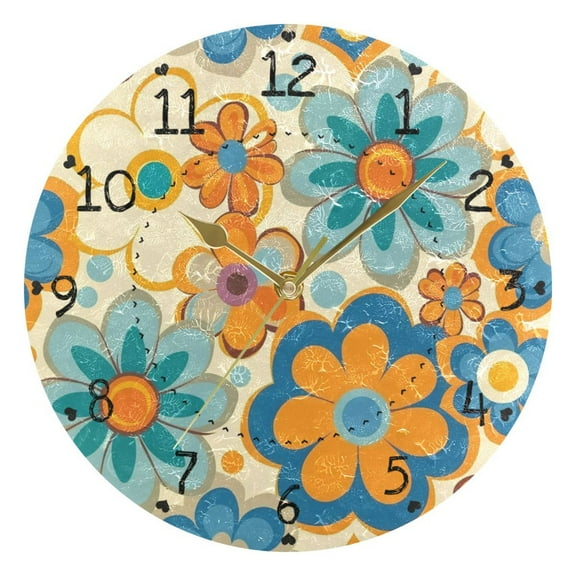 Bright Color Retro Groovy Flowers Round Wall Clock Silent Analog Battery Operated Gold Pointer Home Decor 9.84" Diameter