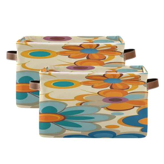 Bright Color Retro Groovy Flowers Square Storage Bins with Handles Collapsible Containing Box 2 Packs