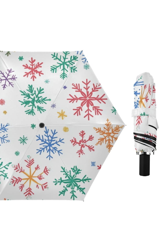 Bright Color Snowflakes Cute All Weather Umbrella Triple Folding Parasol 6 Ribs UV Protection Portable