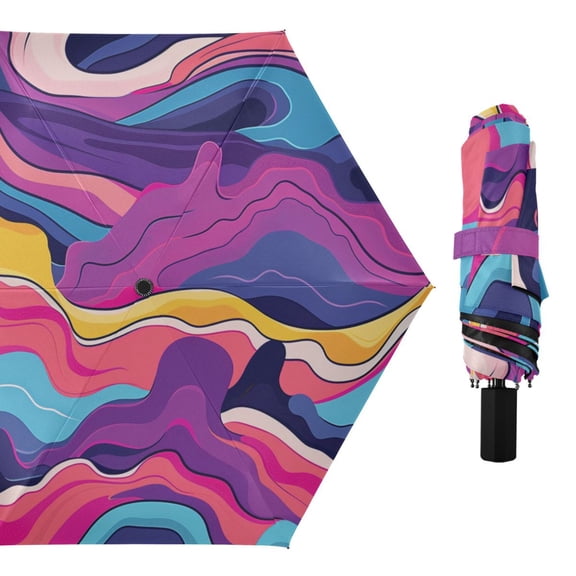 Bright Color Waves All Weather Umbrella Triple Folding Parasol 6 Ribs UV Protection Portable