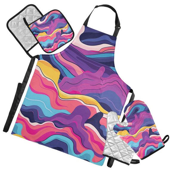 Bright Color Waves Apron Set with Oven Mitts Pot Holders Set of 5 Kitchen Stuff Accessories