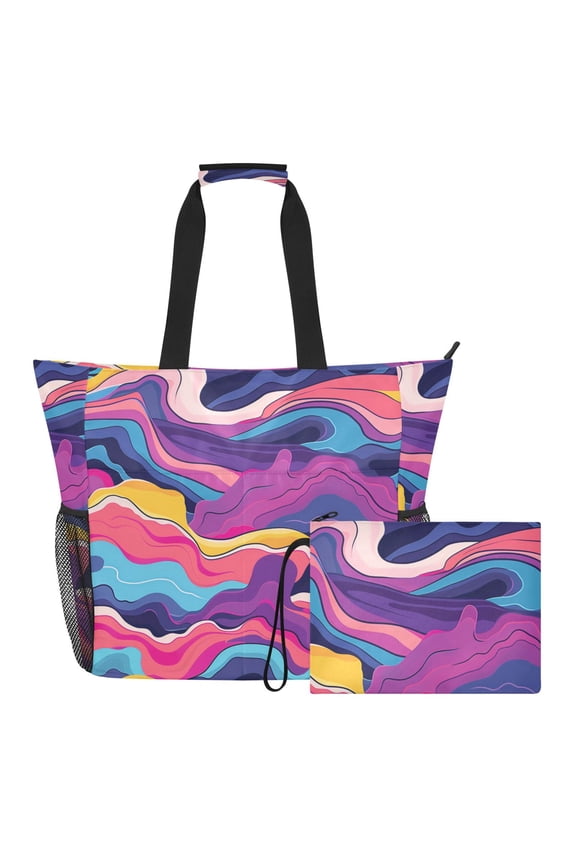 Bright Color Waves Beach Bag Travel Tote Bag Reusable Shopping Bag Gym Bag with Wet Pocket Waterproof