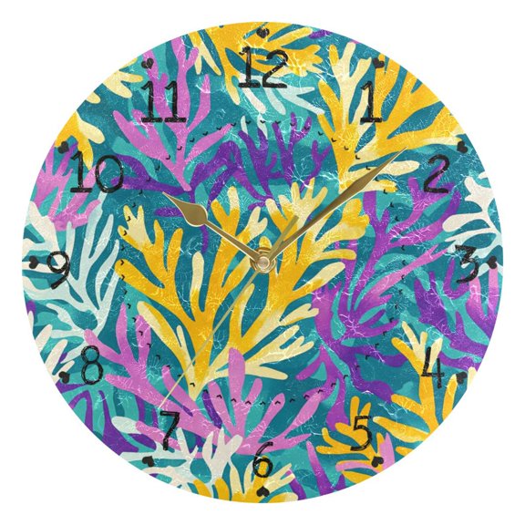 Bright Colored Corals Round Wall Clock Silent Analog Battery Operated Gold Pointer Home Decor 9.84" Diameter