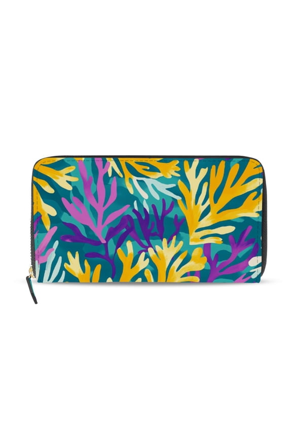 Bright Colored Corals Women's Long Zipper Wallet Bifold Clutch Purse PU Leather Card Cases