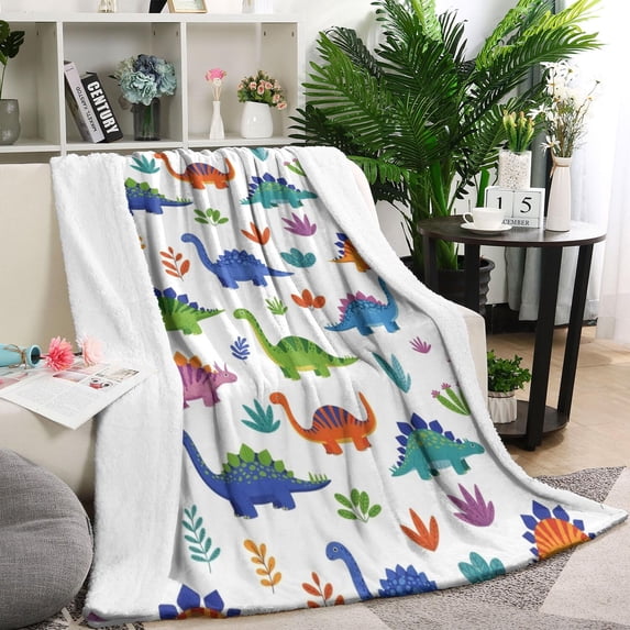 Bright Colored Dinosaur and Leaf Pattern Blanket,Comfortable Soft Lamb Wool Throw Blanket,All Season,Warm Lightweight Blankets for Sofa Bed Couch Living Room Chair,60"x80"