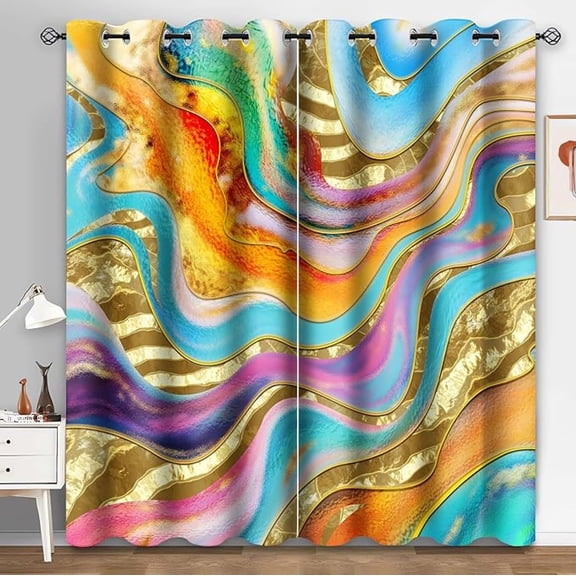Bright Colored Marble Curtains Modern Abstract Art Rainbow Line Blackout Curtain Gilt Stained Glass Fluid Privacy Drapes For Bedroom Living Room Guest Rooms 26"W x 45"L (Pack of 2)