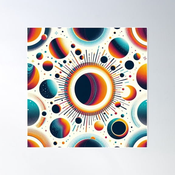 Bright Colorful Celestial Eclipse Drawing Illustration Mid Mod 6 Poster Wall Art, Modern Wall Decor For Living Room Bedroom, 30x30 UNFRAMED