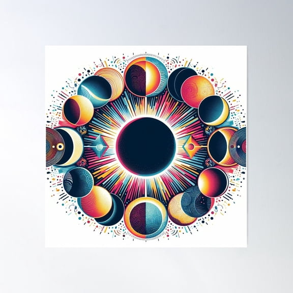 Bright Colorful Celestial Eclipse Drawing Illustration Mid Mod 8 Poster Wall Art, Modern Wall Decor For Living Room Bedroom, 24x24 UNFRAMED