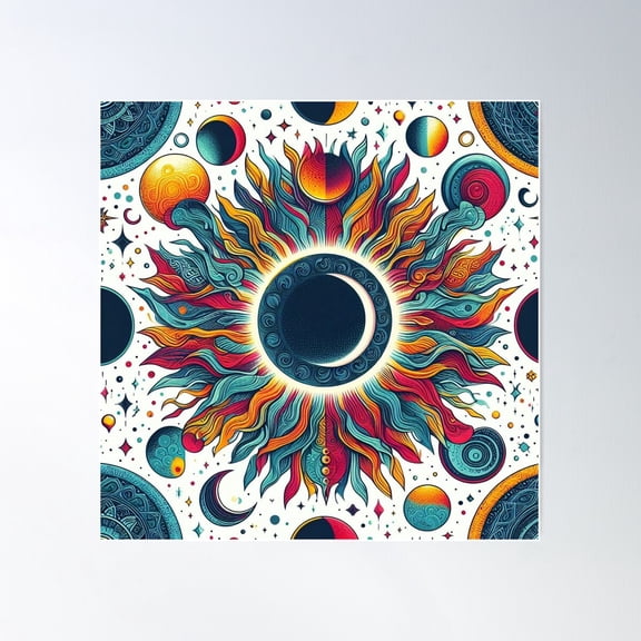 Bright Colorful Celestial Eclipse Drawing Illustration Mid Mod Poster Wall Art, Modern Wall Decor For Living Room Bedroom, 24x24 UNFRAMED