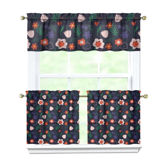 Bright Colorful Floral Kitchen Curtains - 3 PC Set with Valance for Rustic Decor