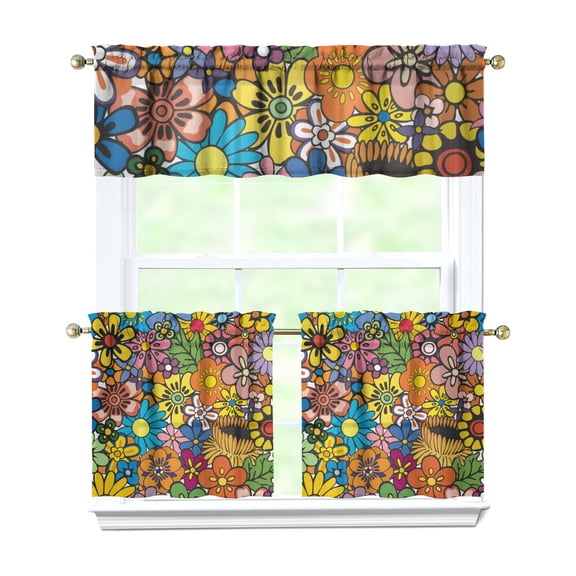 Bright Colorful Floral Kitchen Curtains - 3 PC Set with Valance for Rustic Decor