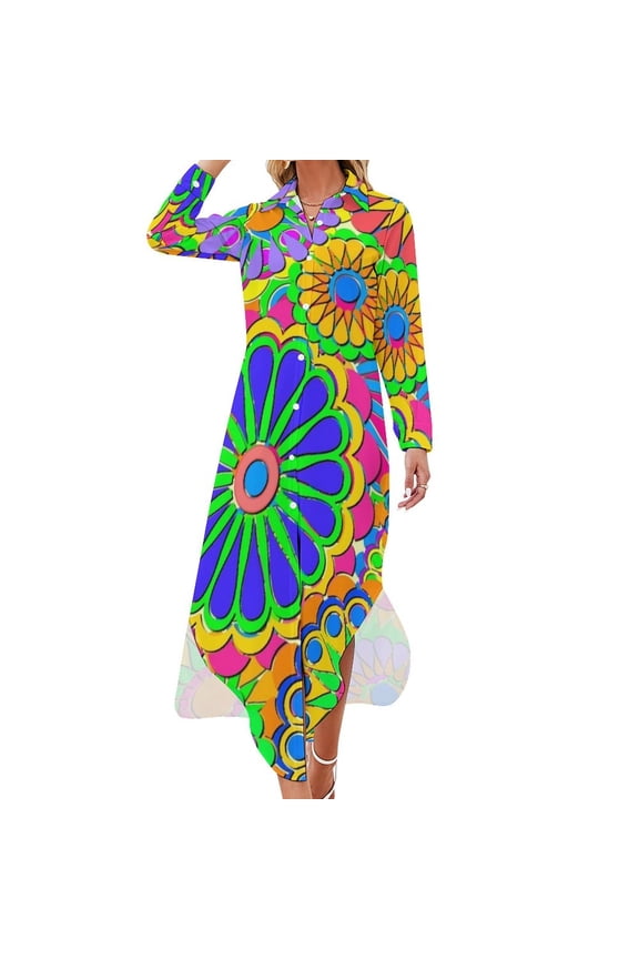 Bright Colorful Flower Power Hippy Retro Style Long Sleeved Shirt Dress Women's dress Clothing