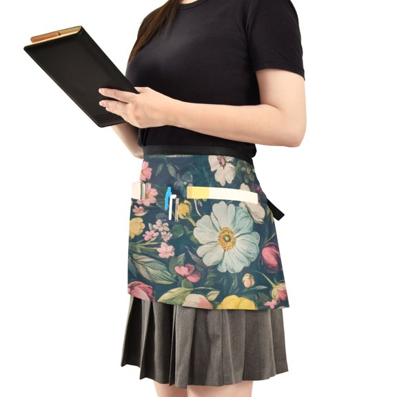 Bright Colorful Flowers Server Apron with 3 Pockets Waist Apron for Waiter Waitress