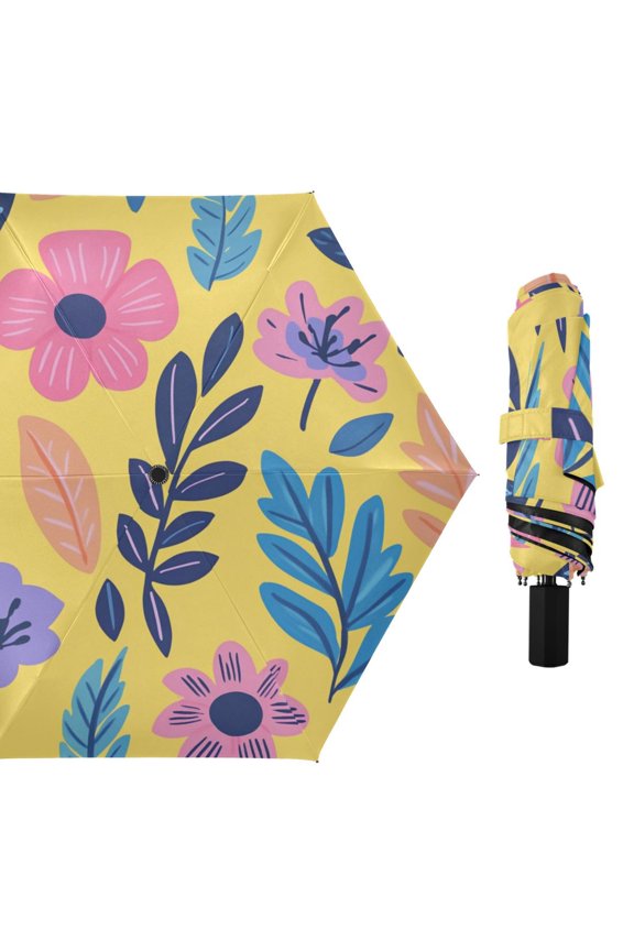 Bright Colorful Flowers and Leaves All Weather Umbrella Triple Folding Parasol 6 Ribs UV Protection Portable
