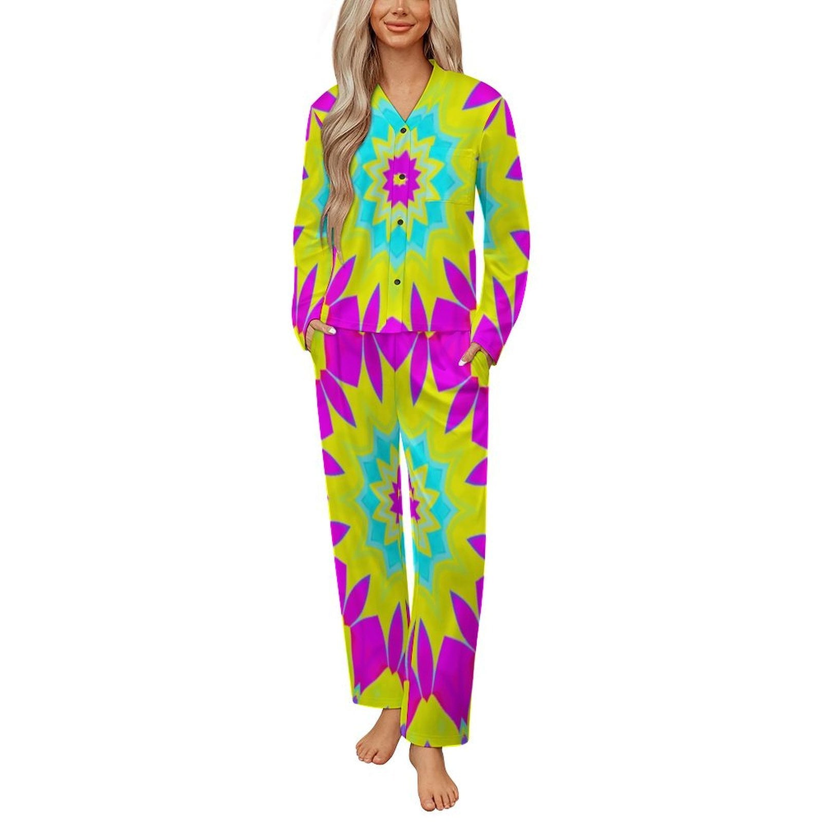 Bright Colorful Mandala Pattern Womens Pyjamas Set Button Up Pyjamas ...