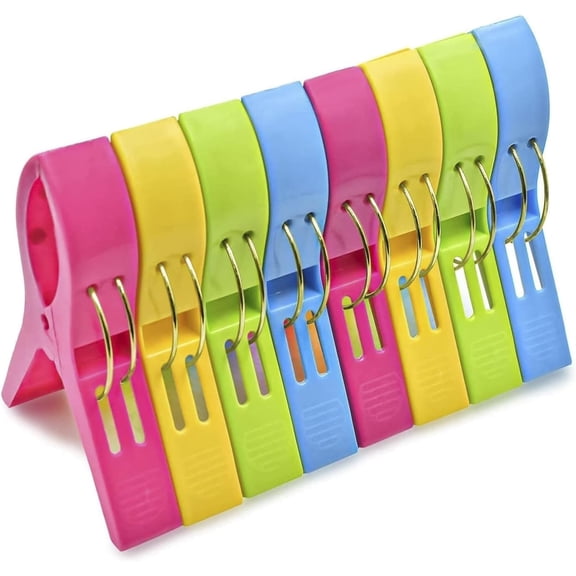Reusable Beach Towel Clips, Windproof And Durable Design Heavy Duty Clothes Pins, Jumbo Size With Anti-Slip Feature, Bright Colors For Travel, 8PCS