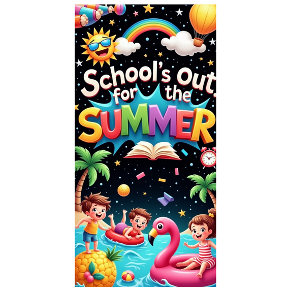 Bright Colors Summer Banner Cartoon Design School's Out Holiday Wallpaper for Beach Party Kids Celebration Indoor Decoration
