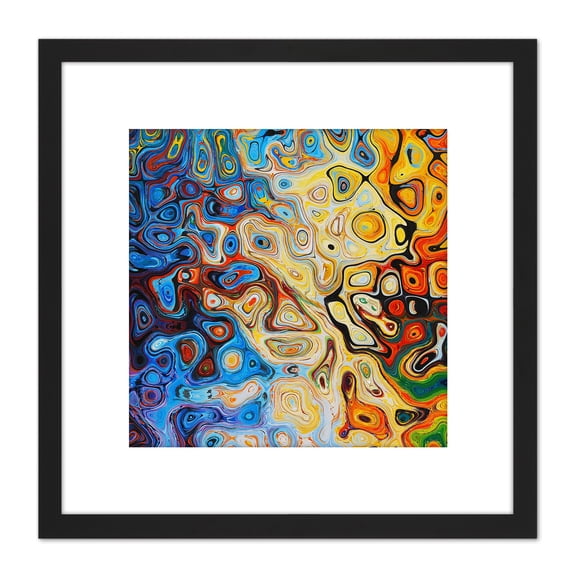 Bright Colourful Abstract Shapes Painting 8X8 Inch Square Wooden Framed Wall Art Print Picture with Mount