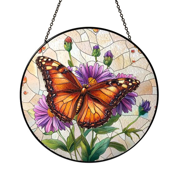 Bright Copper Butterfly Purple Aster Suncatcher Circle Plaque Decor