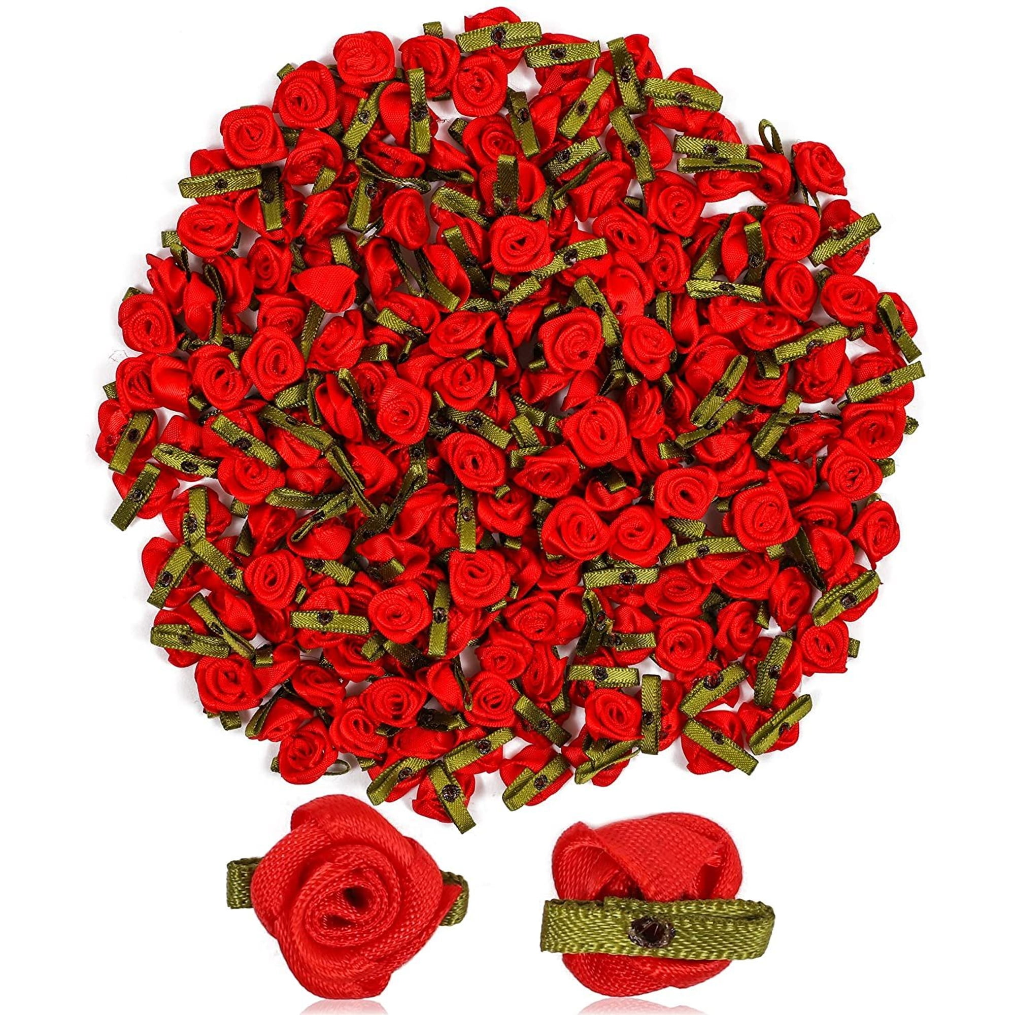 Bright Creations 200 Pack Ribbon Red Rose Flower Heads for Faux Floral Decor, Bulk Artificial Flowers, Fake Roses for Valentines Day, Gift Wrapping, Crafts and Party Supplies (0.6 inch)
