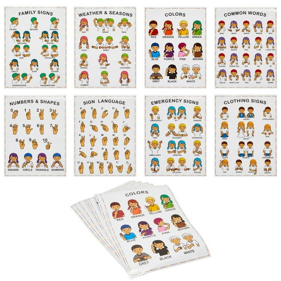 Bright Creations Sign Language for Kids, Teacher Classroom Supplies 13" x 17" Poster, 8 Pack