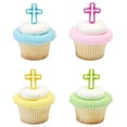 thumbnail image 1 of Bright Cross Religious Picks Blue Pink Yellow Green -24pk Cupcake / Desert / Food Decoration Topper Picks with Favor Stickers & Sparkle Flakes, 1 of 2