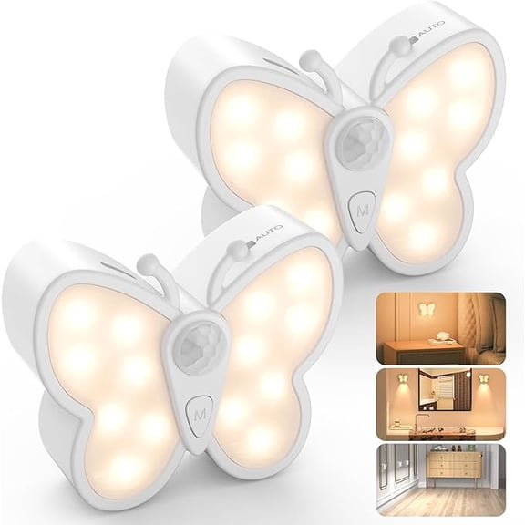 Bright Dimmable Butterfly LED Night Light, Smart Motion Sensor Night Light Lamp with Spotlight and 2 Color Temperature, Magnetic Rechargeable Nightlight for Room, Wall (2 Packs)