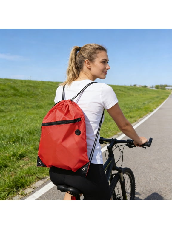 Bright Drawstring Sports Backpack, Large Capacity Cinch Sack with Zipper Pocket, Lightweight Water-Resistant Gym Bag for Tennis, Travel and Outdoor Activities Red