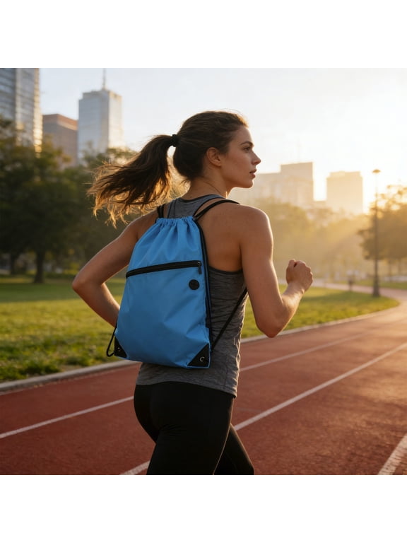 Bright Drawstring Sports Backpack, Large Capacity Cinch Sack with Zipper Pocket, Lightweight Water-Resistant Gym Bag for Tennis, Travel and Outdoor Activities Sky Blue