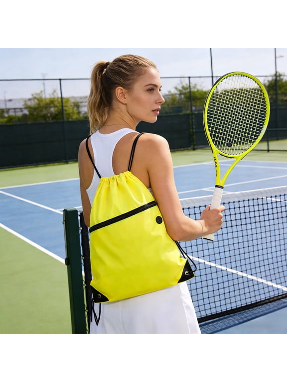 Bright Drawstring Sports Backpack, Large Capacity Cinch Sack with Zipper Pocket, Lightweight Water-Resistant Gym Bag for Tennis, Travel and Outdoor Activities Yellow