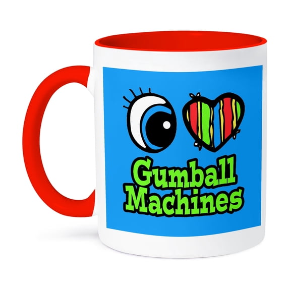 3dRose, Bright Eye Heart I Love Gumball Machines, 11oz Two-Tone Red Mug
