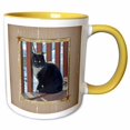 thumbnail image 1 of 3drose, Bright Eyed Black and White Kitten Standing on Patio in Frame with Stars, 11oz Two-tone Yellow Mug, 1 of 6