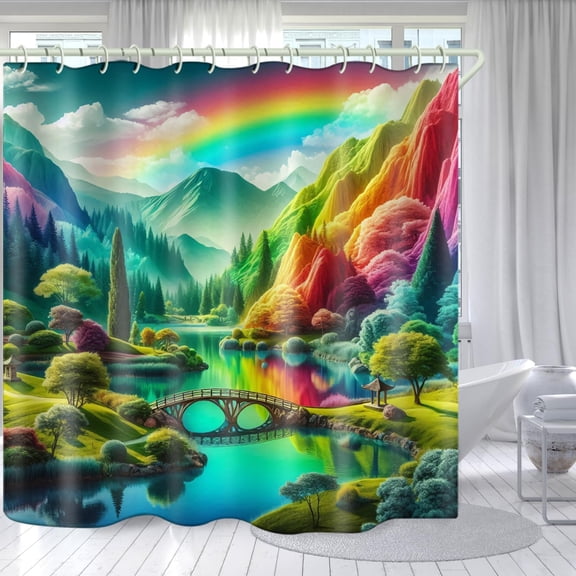 Bright Fabric Shower Curtains Colorful Mountain Theme Design Art Shower Curtains Bathroom Decoration Set Shower Curtain Hooks Waterproof Shower Curtain-72"W x 72"L (Pack of 1)