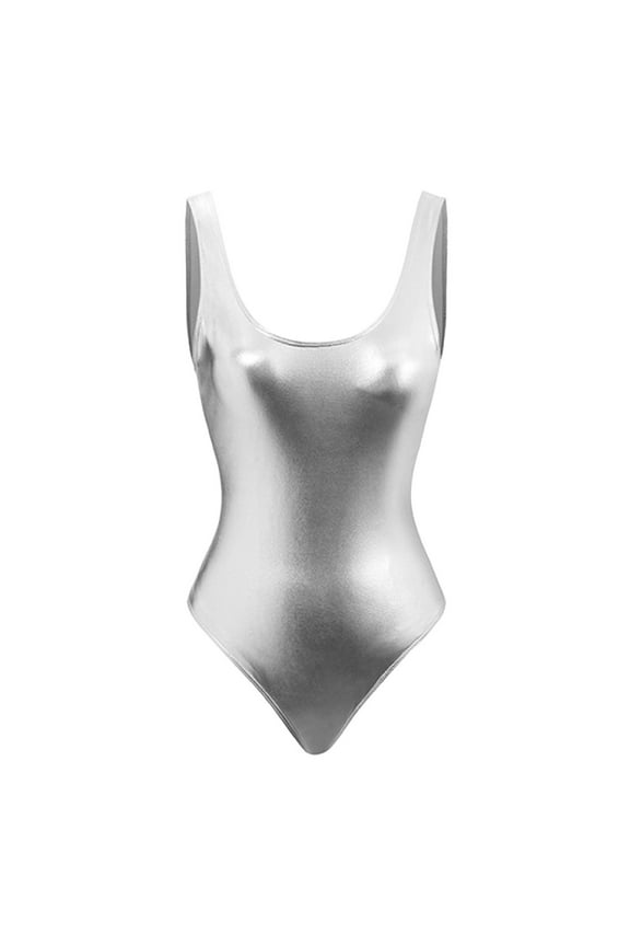 Bright Faced Swimsuit Solid Color Shoulder Strap Sexy Swimsuit Bikini Swimsuit Silver One Piece Swimsuit Women