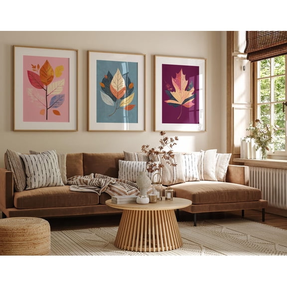 Bright Fall Colors Print Colorful Autumn Leaves Botanical Dusty Blue Plum Set 3 Unframed Paper Print 20x30