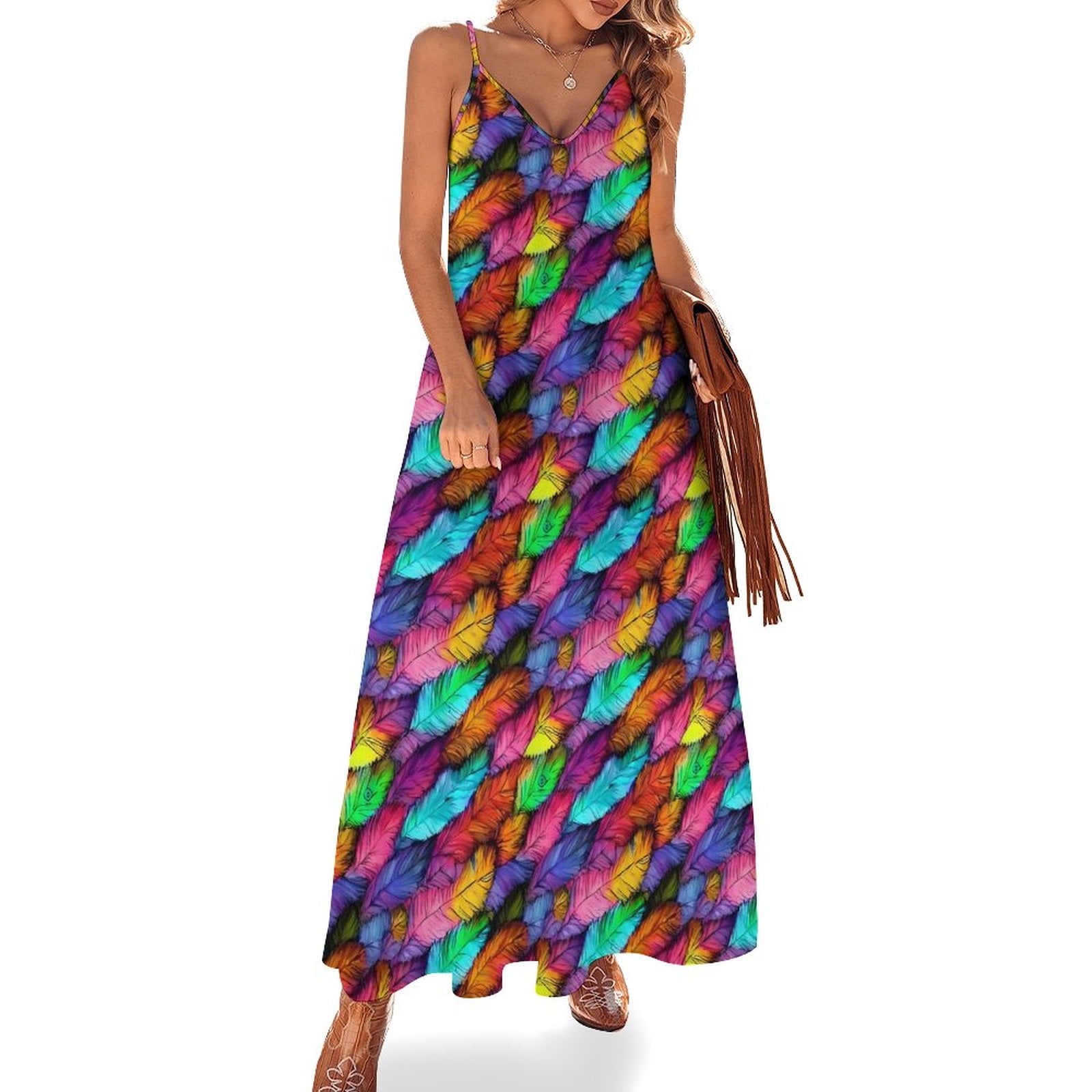 Bright Feather Dress Colorful Print Elegant Maxi Dress V Neck Boho Bright Feather Dress Colorful Print Elegant Maxi Dress V Neck Boho