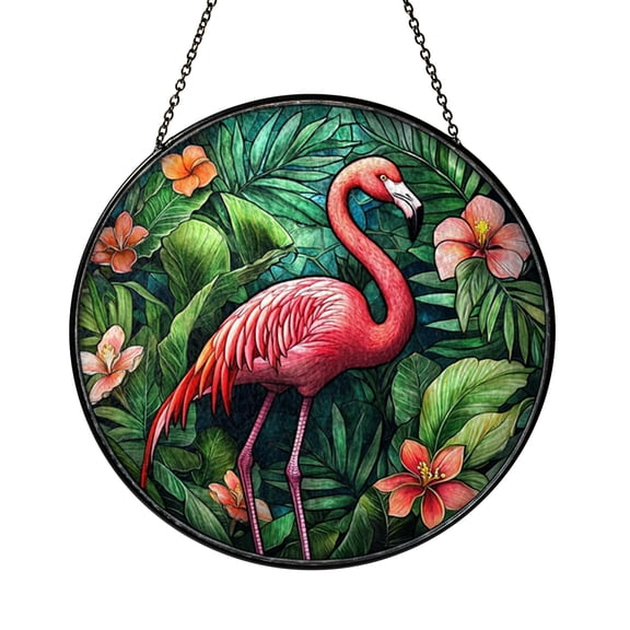 Bright Flamingo Silhouette Stained Glass Style Decorative Window Panel, Tropical Hanging Art