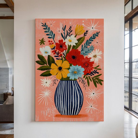 Bright Floral Bouquet Illustration In Striped Vase On Peach Background, Vibrant Modern Wall Art Print Wall Art, Modern Wall Decor, 8x12 UNFRAMED