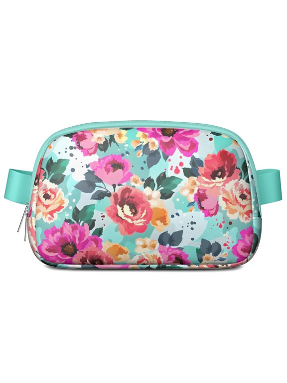 Bright Floral Fanny Pack – Summer Garden Waist Bag with Artistic Bloom, Peonies, Bees & Tropical Leaf Accents