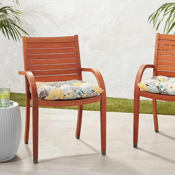 Bright Floral Indoor/Outdoor Chair Seat Cushion with Ties, Tufted, Weather, and Fade Resistant, 18.5" x 19", Blue/Tan Lois, 2 Count