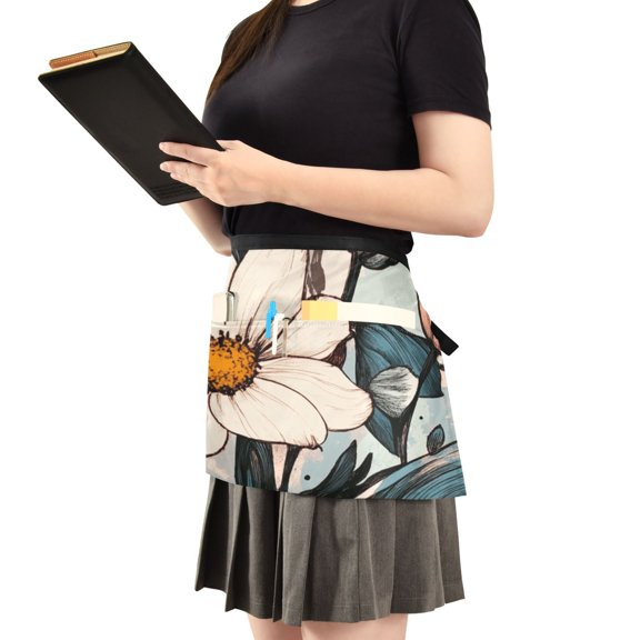 Bright Floral Pattern Server Apron with 3 Pockets Waist Apron for Waiter Waitress