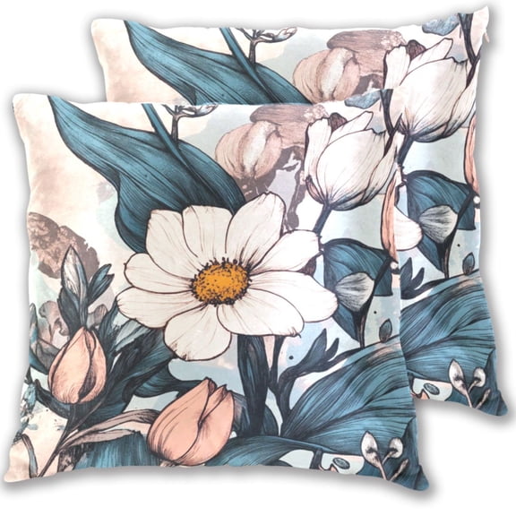 Bright Floral Pattern Throw Pillow Covers 16x16 Inch 2 Packs Decorative Square for Living Room Couch Bed Sofa