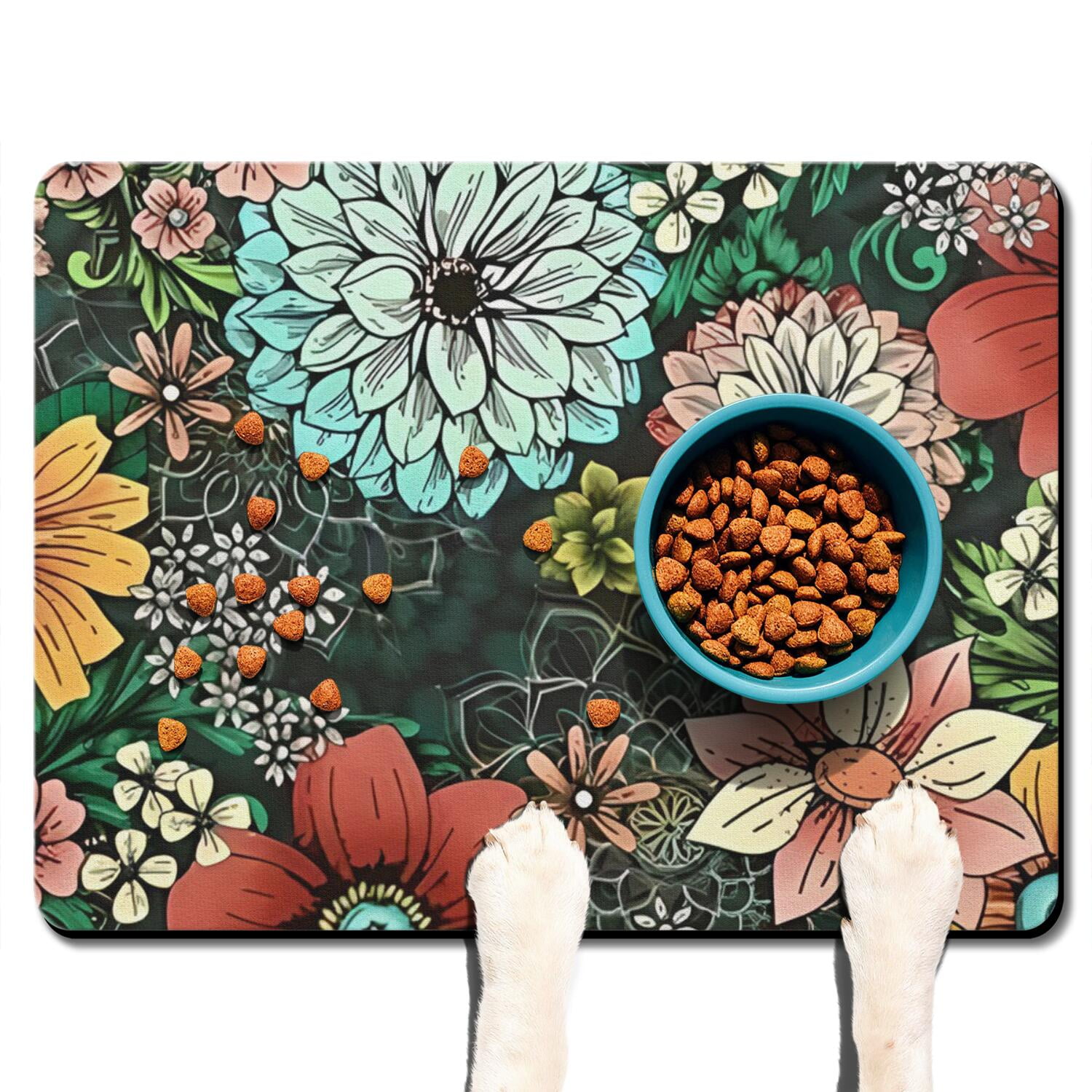 Bright Floral Pet Feeding Mat - Non-Slip Dog Food Mat with Tropical ...
