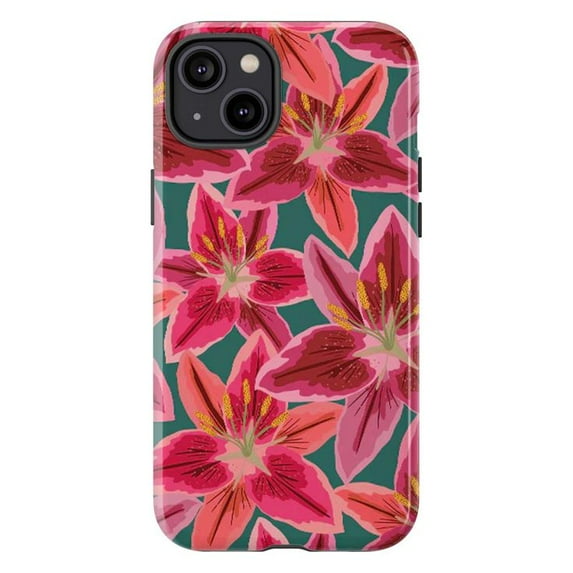 Bright Floral Phone Case with Pink and Red Lily Pattern, Colorful Botanical Aesthetic iPhone Case, Shockproof Protective Cover for iPhone 17 16 15 14 13 12 11 Plus Pro Max Mini