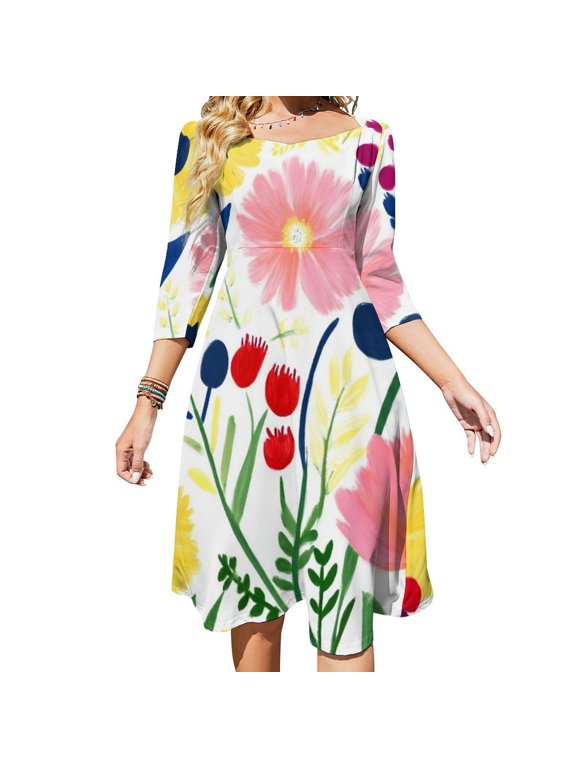 Bright Floral Summer Print Design Womens Summer Dress Tie Back A Line Flare Dress