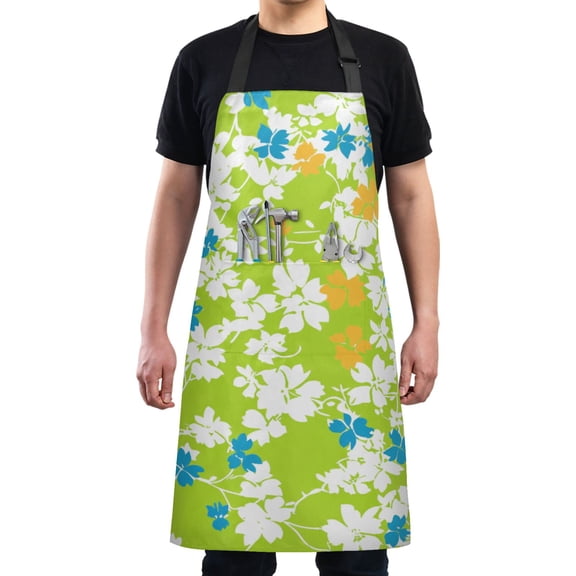 Bright Floral on Green Chef Kitchen Apron with Pockets for Women Waterproof Aprons for Cooking Baking